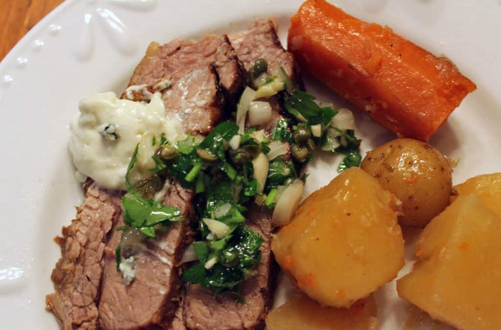Braised Brisket with Gorgonzola Sauce and Salsa Verde