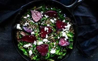 Lentils with Roasted Beets, Wilted Chard, and Goat Cheese