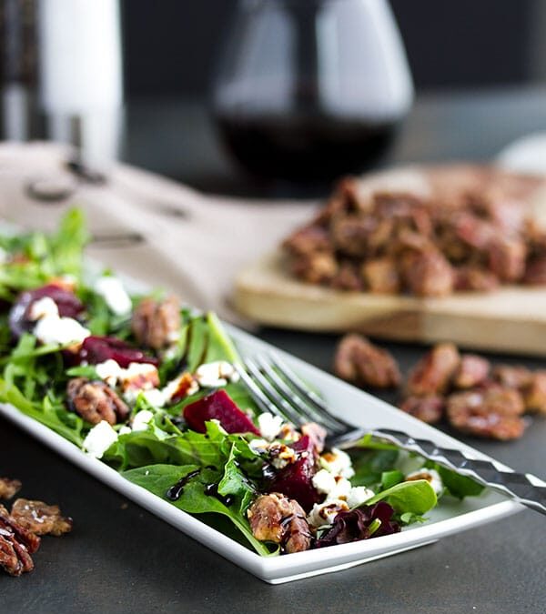 Pickled Beet Salad with Goat Cheese and Maple Roasted Pecans
