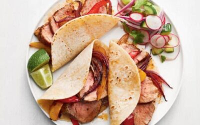 Pork and Bell Pepper Tacos with Cucumber-Radish Salad