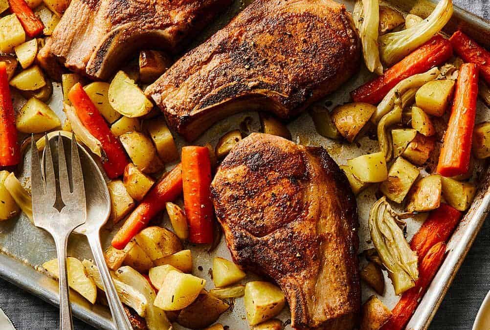 Sheet-Pan Pork Chops & Vegetables With Parsley Vinaigrette