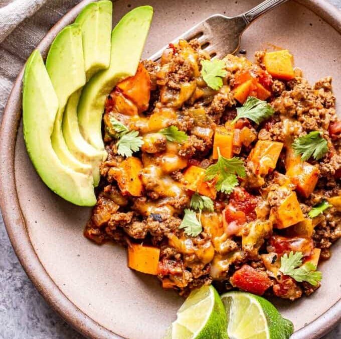 Southwest Ground Beef and Sweet Potato Skillet