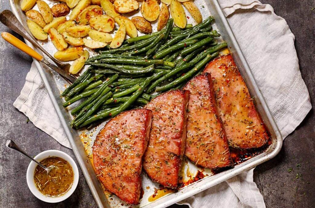 Ham Steaks Sheet Pan Dinner with Green Beans and Potatoes