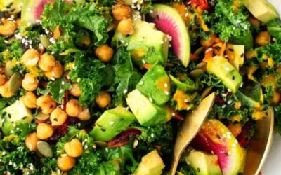 Kale and Roasted Chickpea Salad with Carrot Ginger Dressing