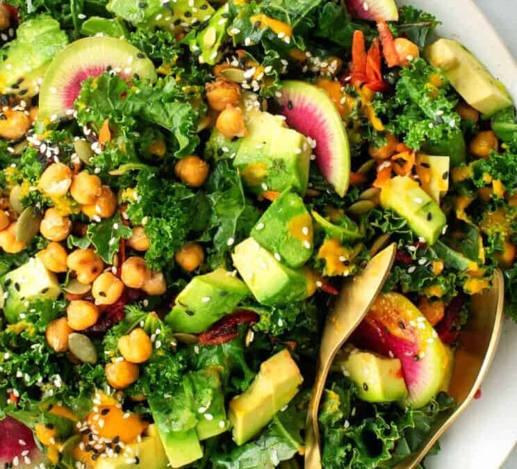 Kale and Roasted Chickpea Salad with Carrot Ginger Dressing
