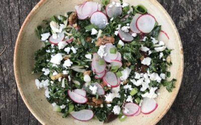 Kale Salad with Shredded Radish, Turnip, & Mustard Dressing
