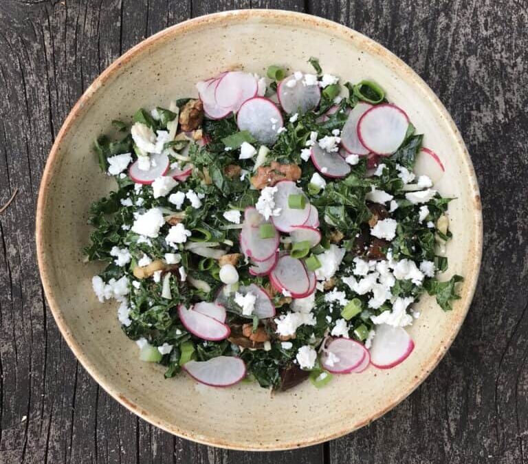 Kale Salad with Shredded Radish, Turnip, & Mustard Dressing