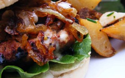 Turkey Burger with Caramelized Onions and Spicy Sweet Mayo