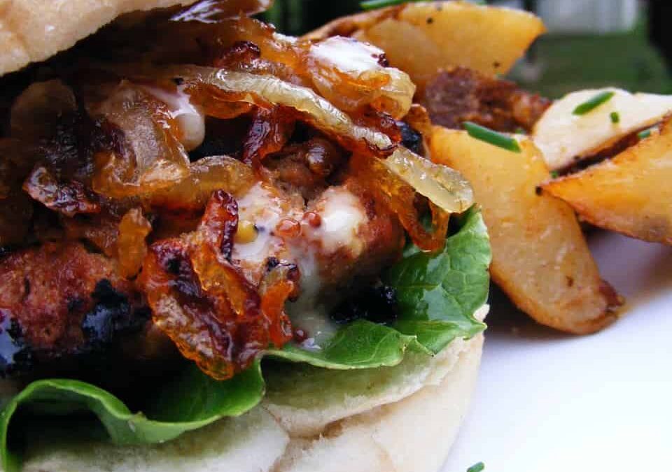 Turkey Burger with Caramelized Onions and Spicy Sweet Mayo